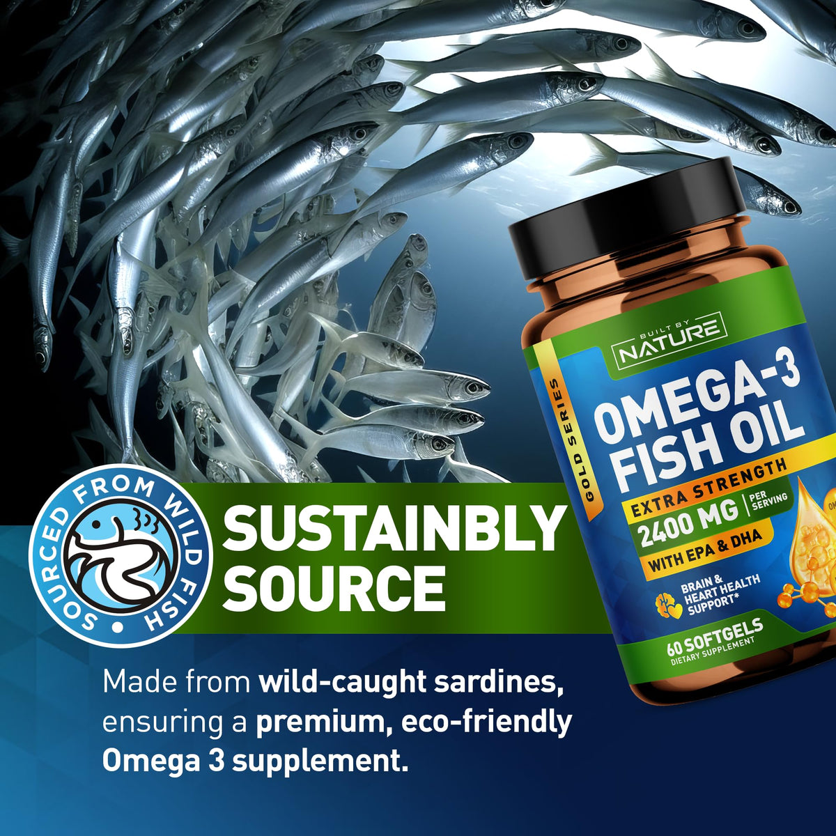 Omega 3 Fish Oil Soft Gels 2400 mg 60 Softgels O382