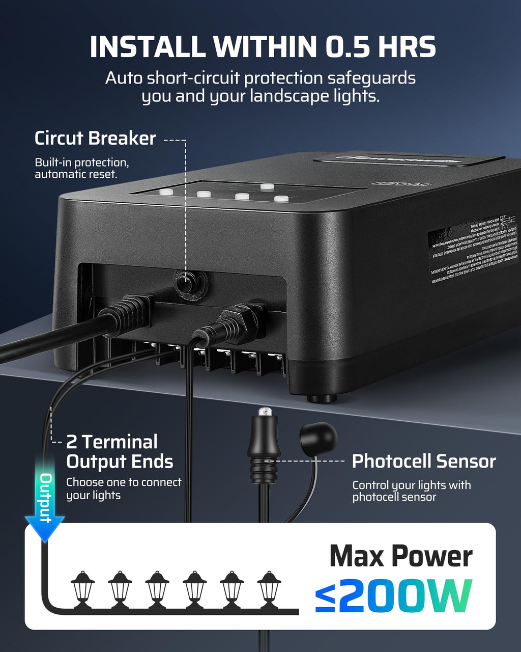 200W Low Voltage Transformer with Photocell Sensor & Timer F832050