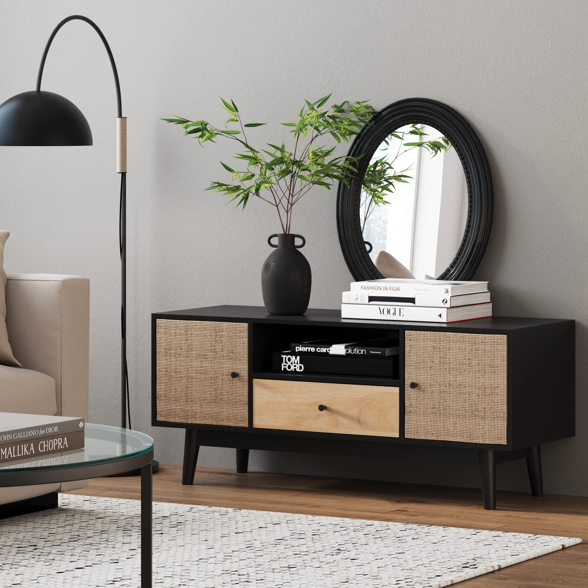 Black Oak Rattan TV Stand with Storage Doors G322117