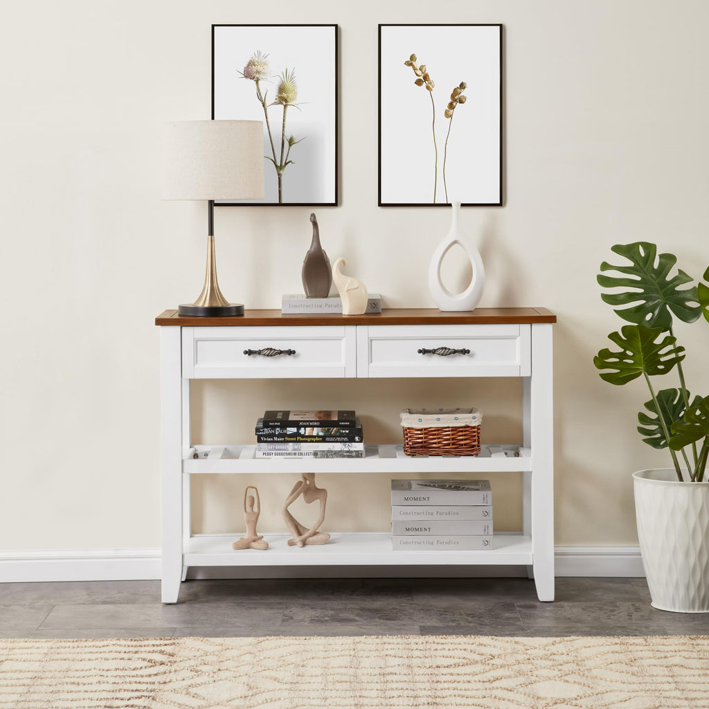 Brown White Pine Wood Console Table with 2 Open Shelves F2722