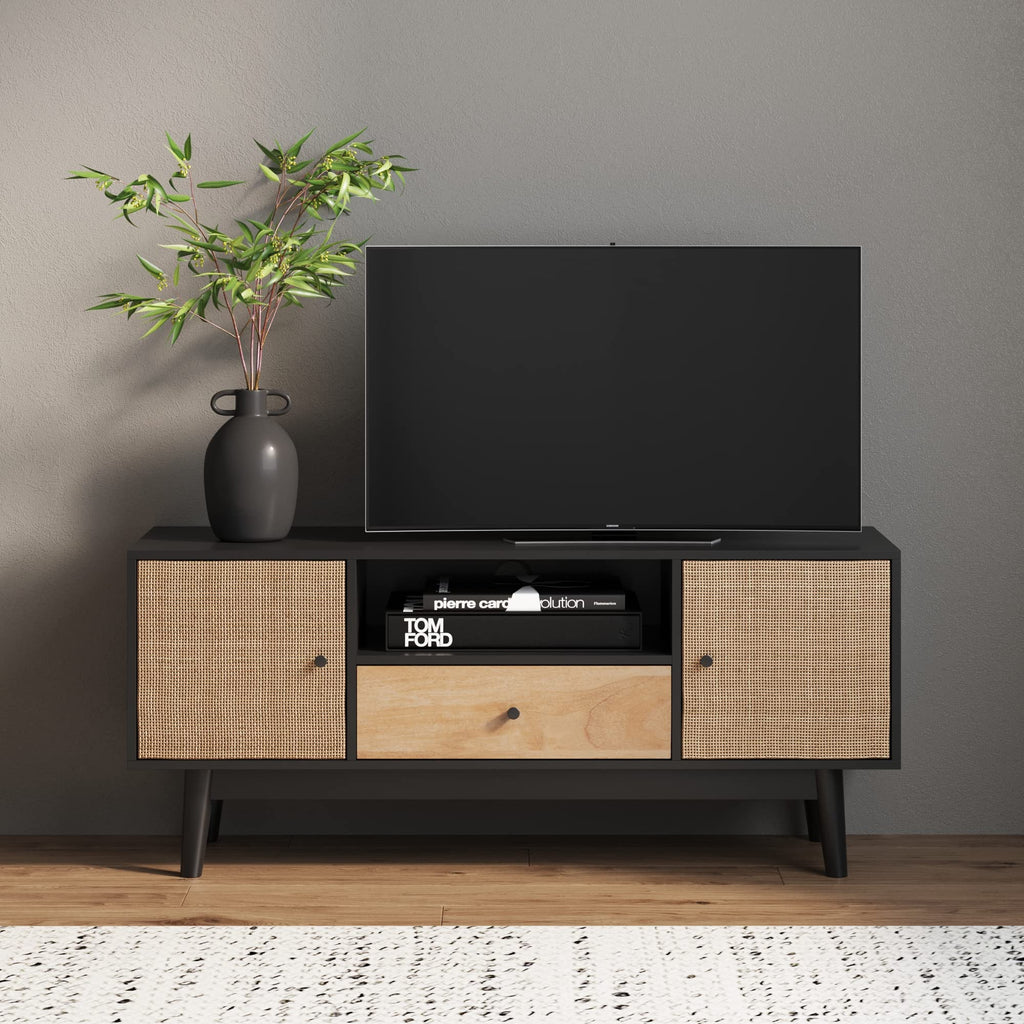 Black Oak Rattan TV Stand with Storage Doors G322117