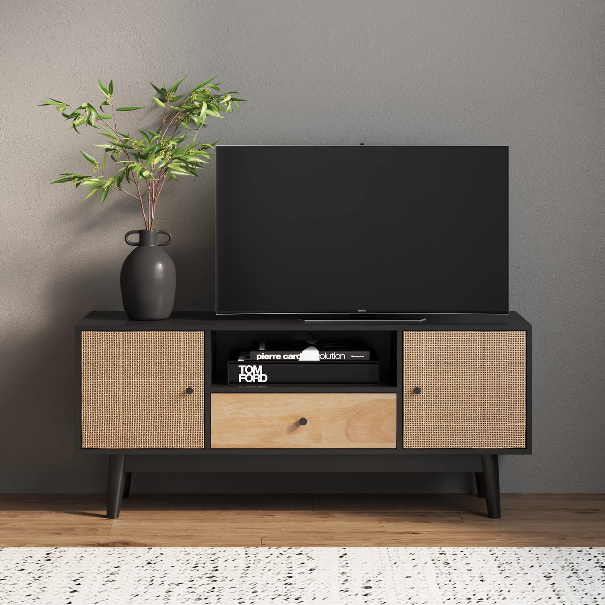 Black Oak Rattan TV Stand with Storage Doors G322117