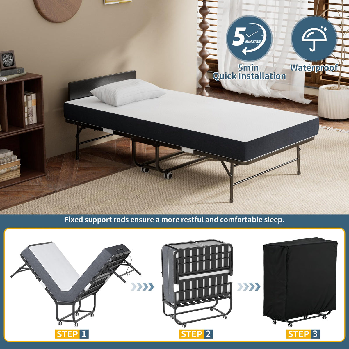 Folding Bed with Mattress, 75" x 38" Twin Size Y1402