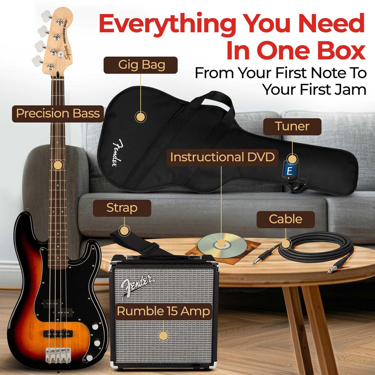 3-Color Sunburst Precision Bass with Amplifier, Cable, Gig Bag, Tuner, Strap I9454