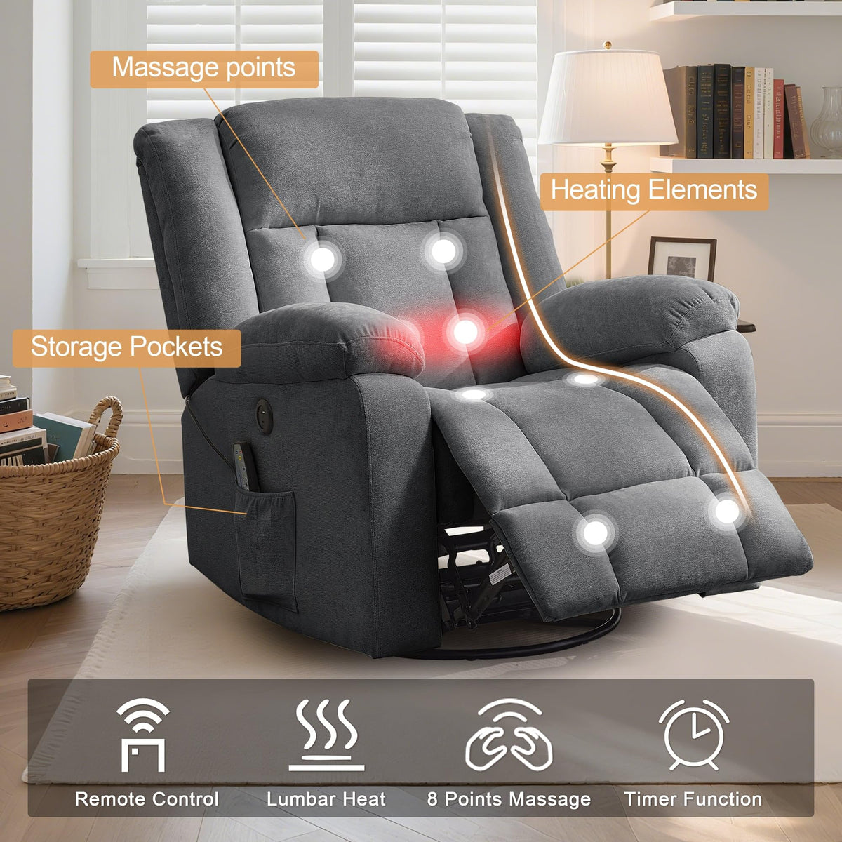 Grey Swivel Rocker Recliner with Massage and Heating F7237