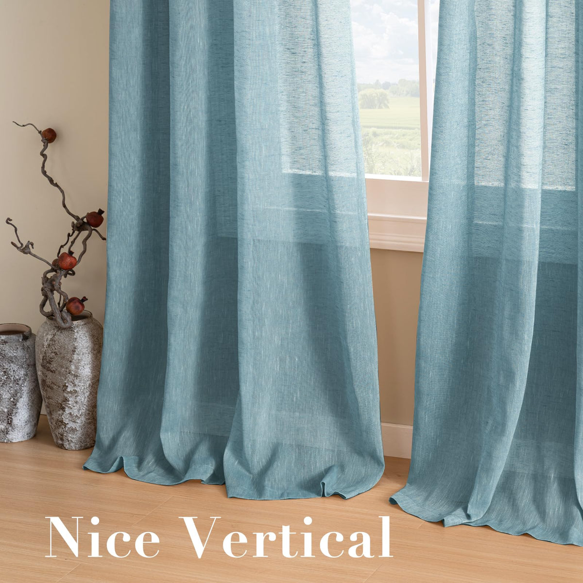 Natural Linen Curtain Panels Semi-Sheers Nickel Grommet Set of 2 Turquoise 52"W x 96"L I730
