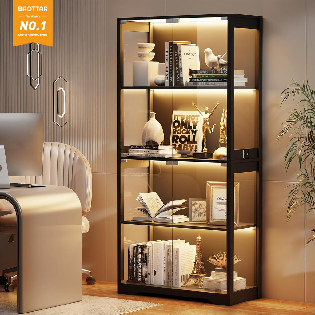Black 4-Tier Display Cabinet with Glass Doors T950366