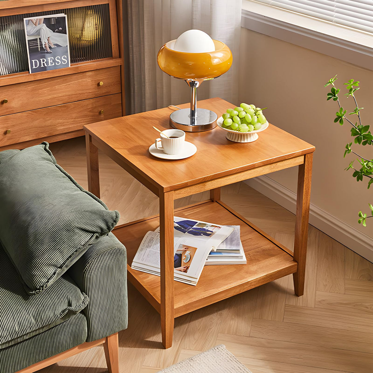 Solid Wood Square Side Table with Storage Shelf I6133