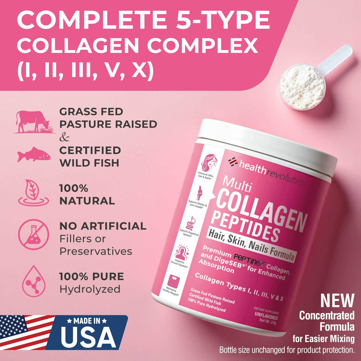 Hydrolyzed Multi Collagen Peptides Powder Types I, II, III, V, X Unflavored D3819
