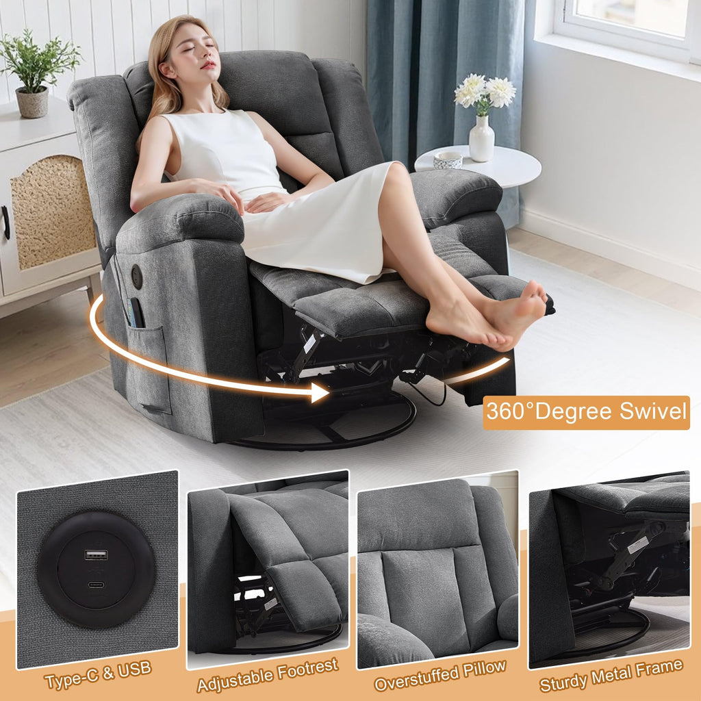 Grey Swivel Rocker Recliner with Massage and Heating F7237