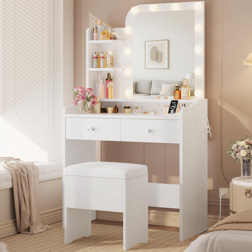White Vanity Desk with Mirror Lights and Storage Stool K662803