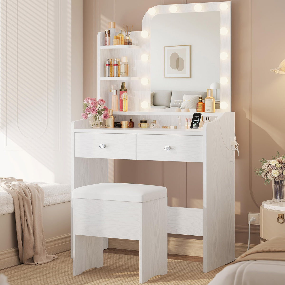 White Vanity Desk with Mirror Lights and Storage Stool K662803