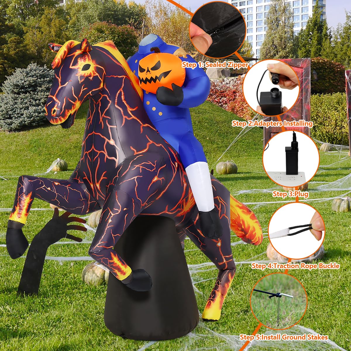 6FT Halloween Inflatables Headless Horseman with Built-in LEDs N972