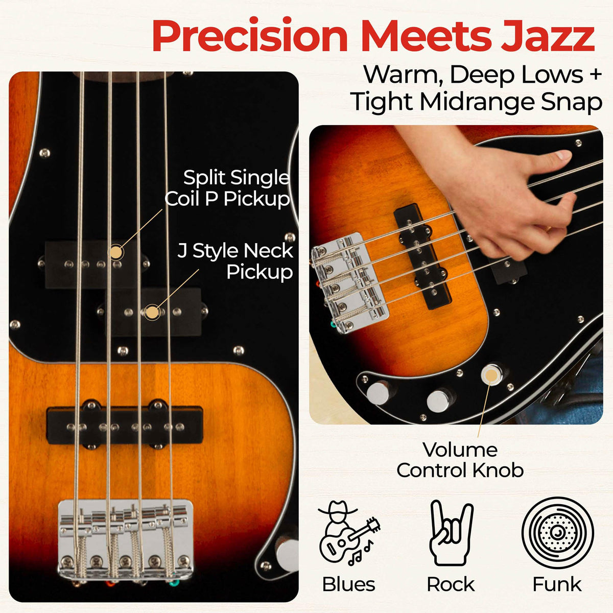 3-Color Sunburst Precision Bass with Amplifier, Cable, Gig Bag, Tuner, Strap I9454