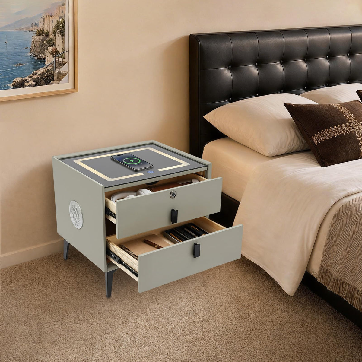 Light Gray Solid Wood Nightstand with Charging Station and 2 Drawers P5232