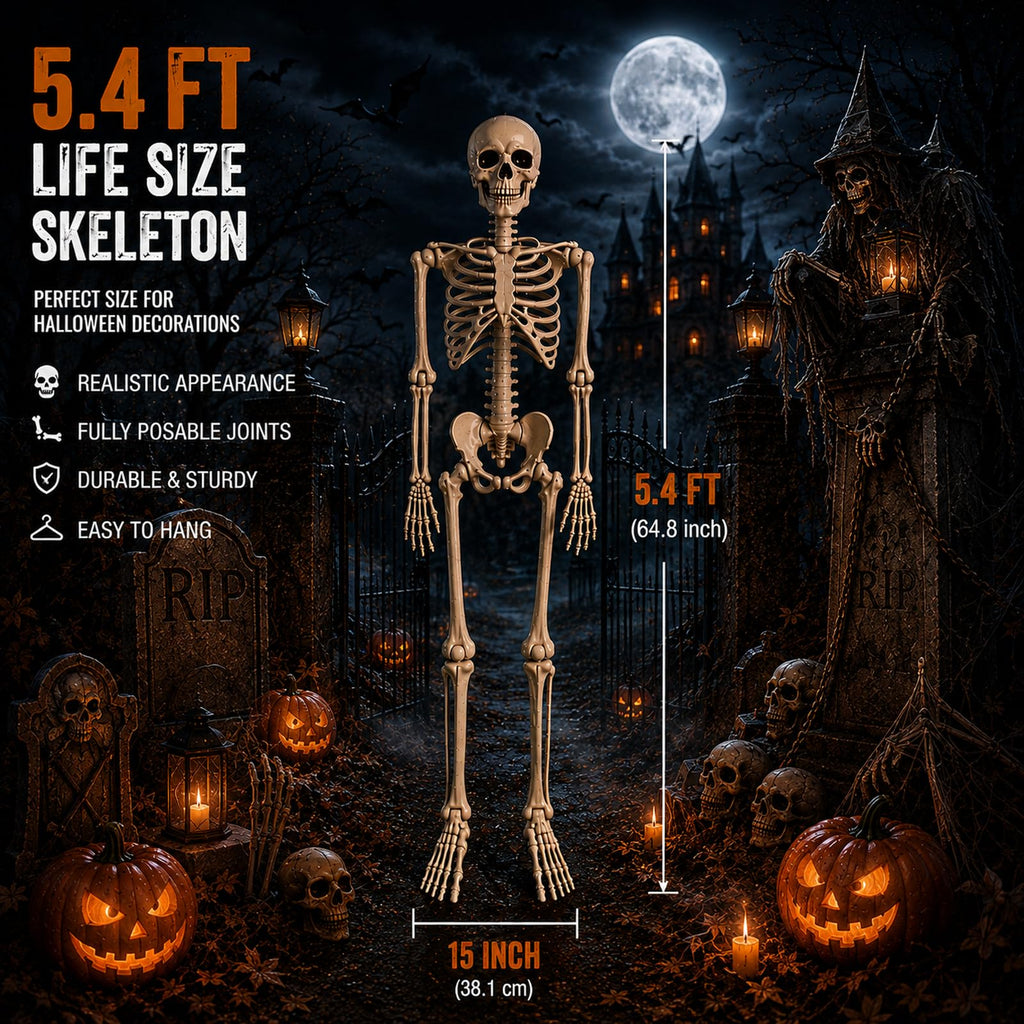 5.4 ft Posable Halloween Skeleton with Movable Joints A733783