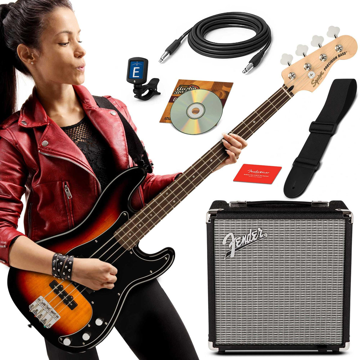 3-Color Sunburst Precision Bass with Amplifier, Cable, Gig Bag, Tuner, Strap I9454
