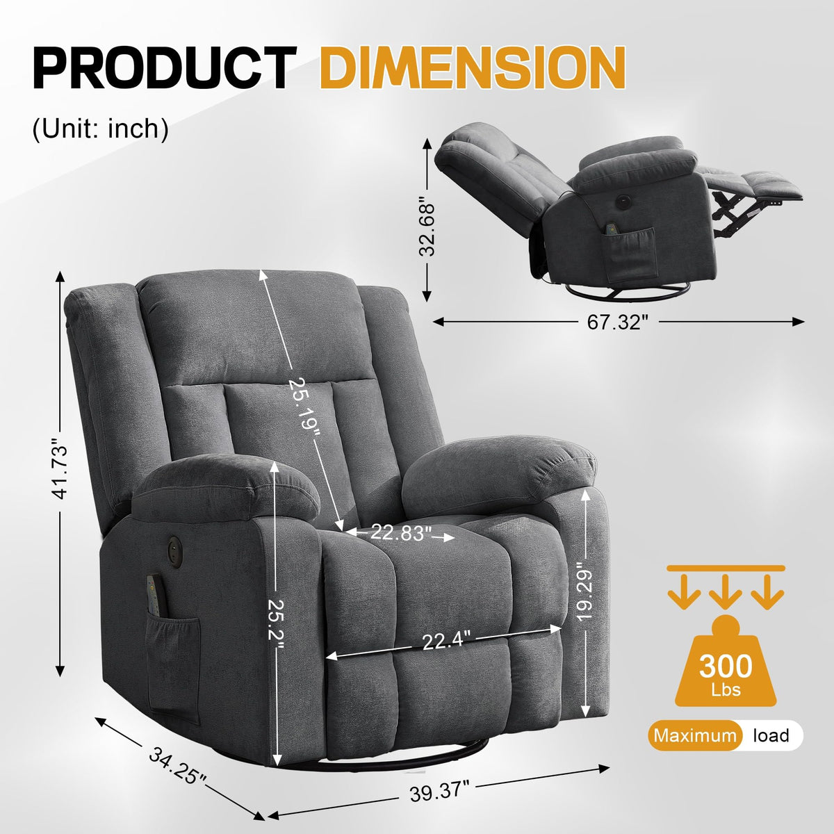 Grey Swivel Rocker Recliner with Massage and Heating F7237