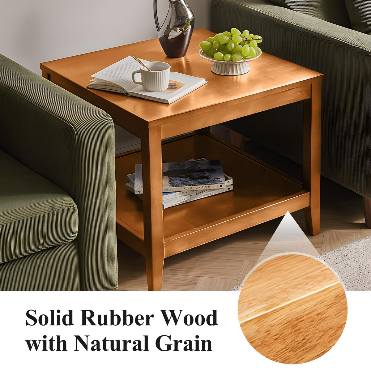 Solid Wood Square Side Table with Storage Shelf I6133