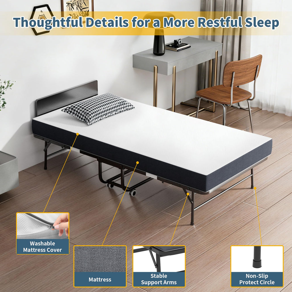 Folding Bed with Mattress, 75" x 38" Twin Size Y1402