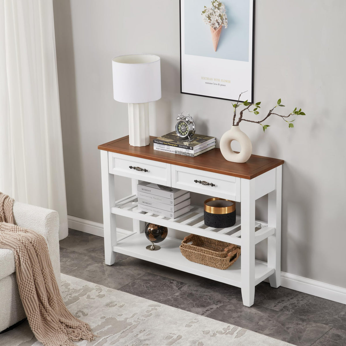 Brown White Pine Wood Console Table with 2 Open Shelves F2722