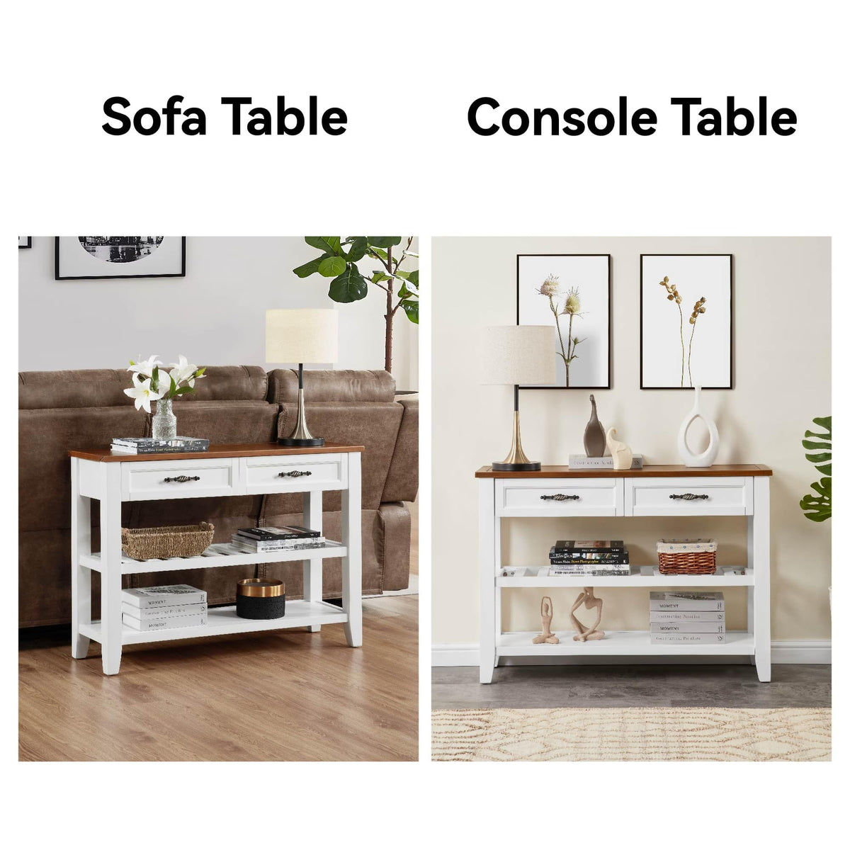 Brown White Pine Wood Console Table with 2 Open Shelves F2722