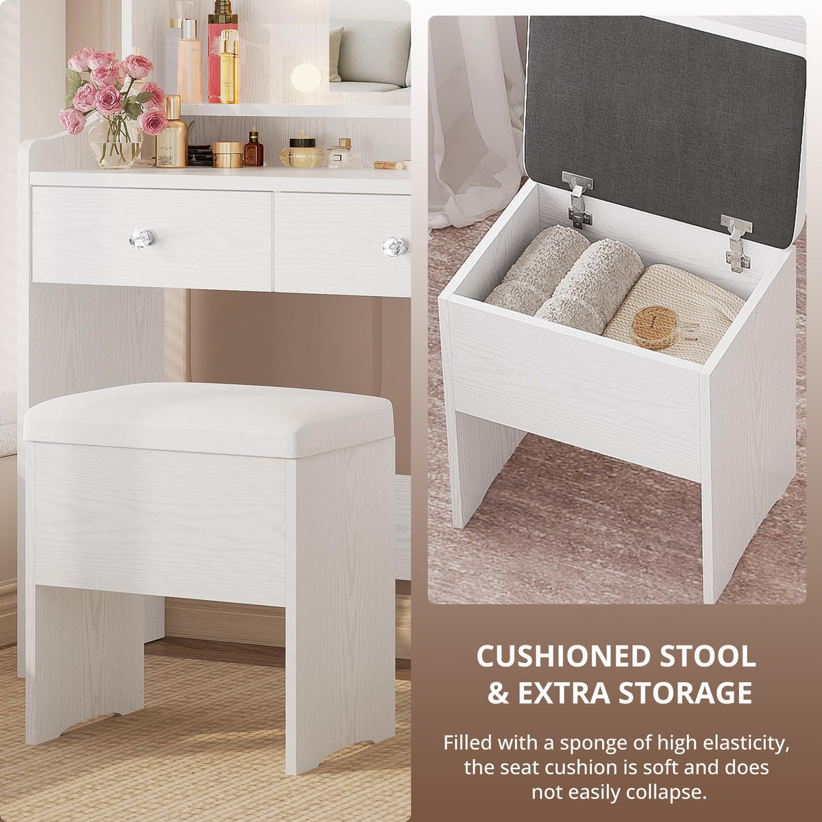 White Vanity Desk with Mirror Lights and Storage Stool K662803