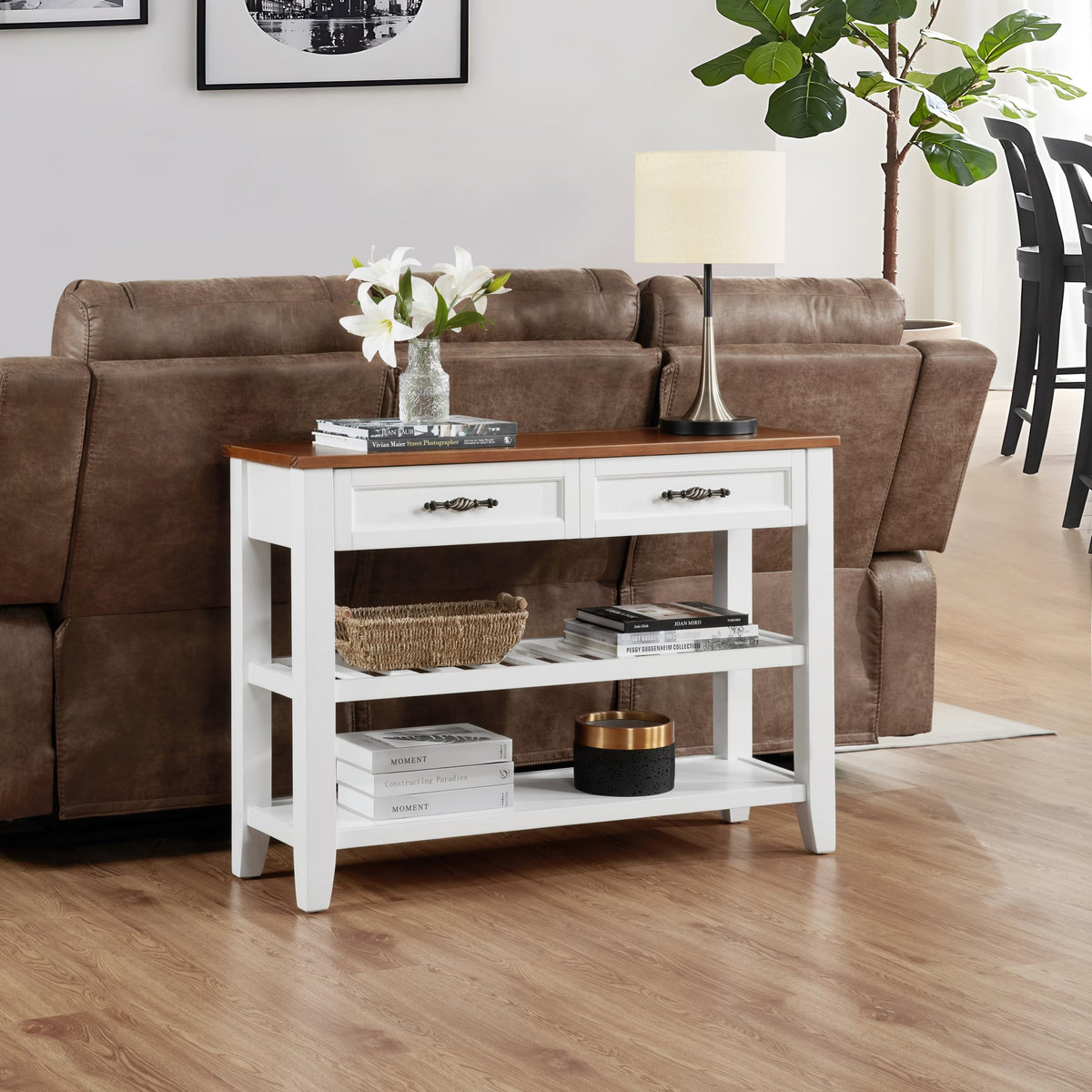 Brown White Pine Wood Console Table with 2 Open Shelves F2722