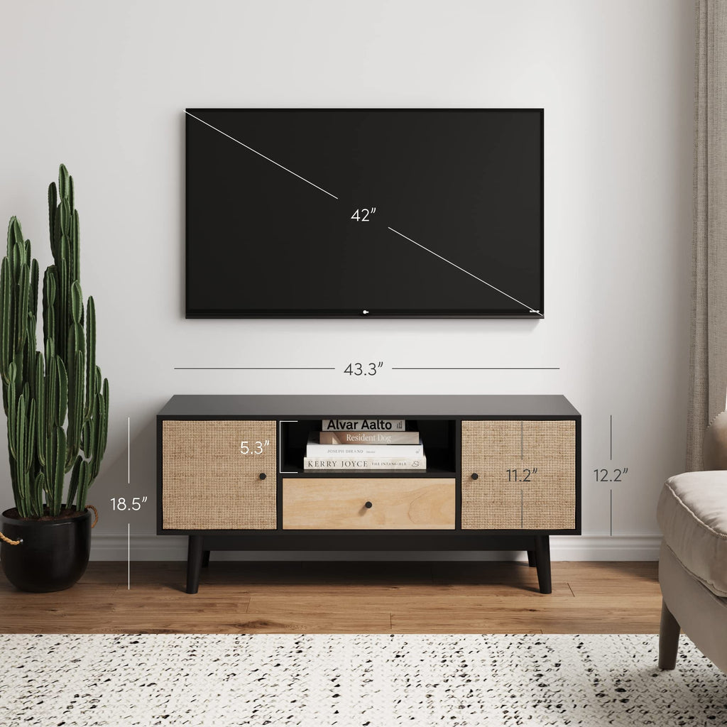 Black Oak Rattan TV Stand with Storage Doors G322117