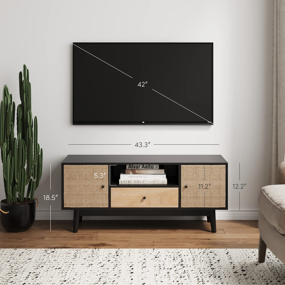 Black Oak Rattan TV Stand with Storage Doors G322117