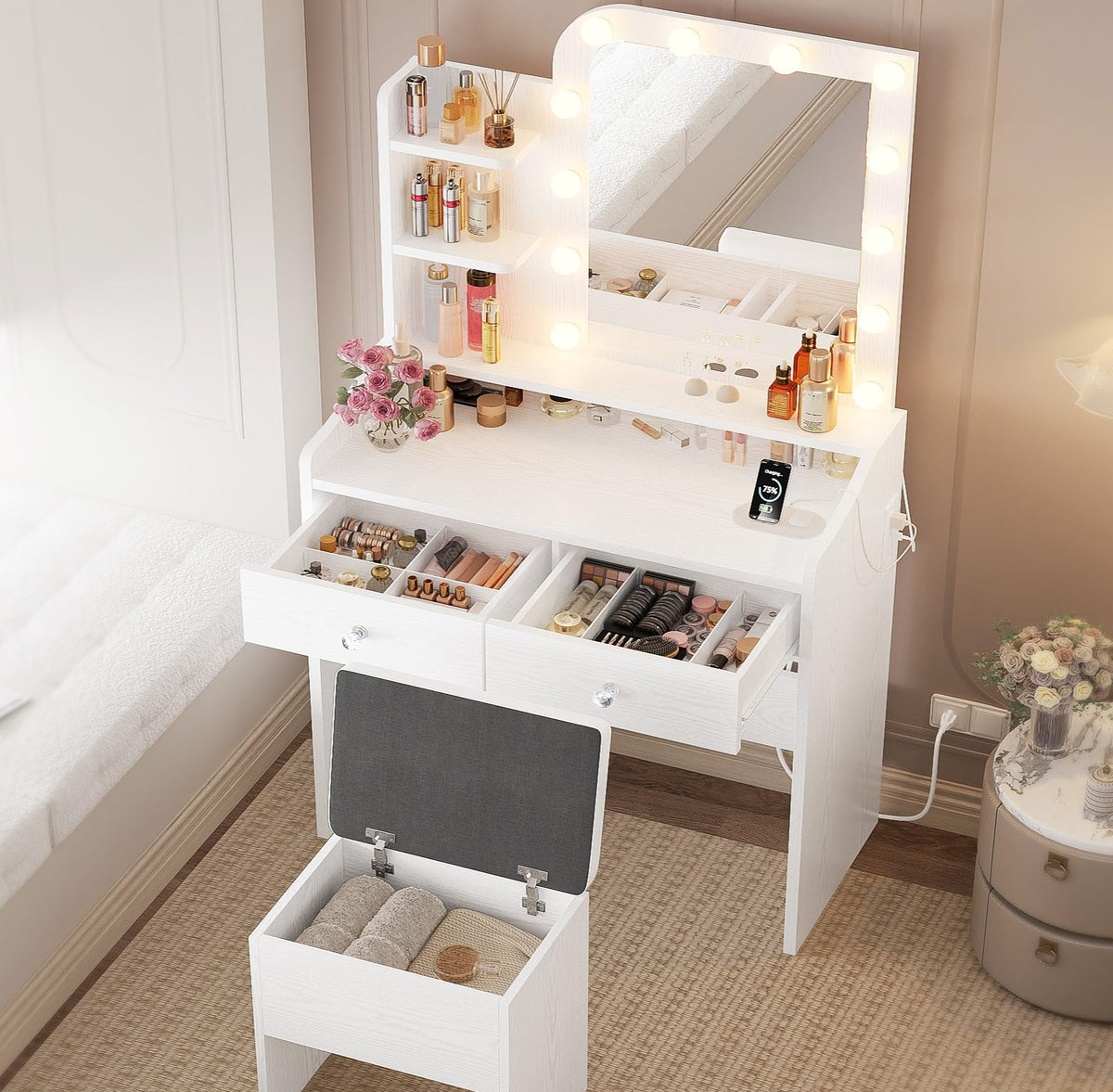 White Vanity Desk with Mirror Lights and Storage Stool K662803