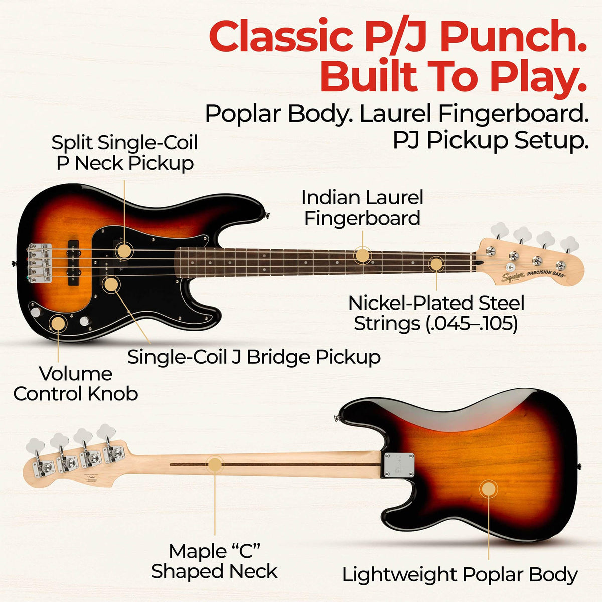 3-Color Sunburst Precision Bass with Amplifier, Cable, Gig Bag, Tuner, Strap I9454
