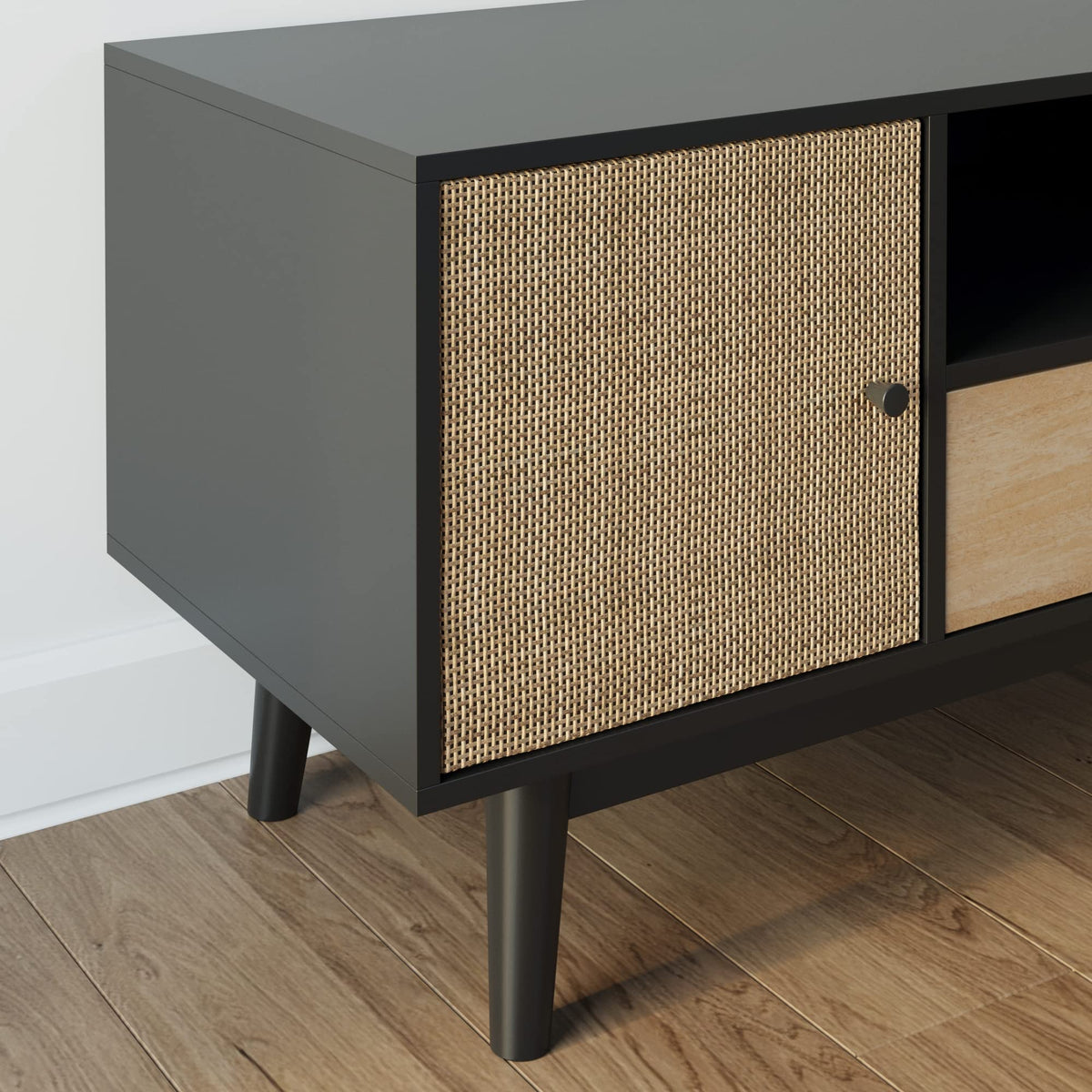 Black Oak Rattan TV Stand with Storage Doors G322117