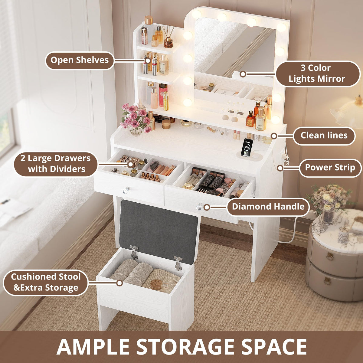 White Vanity Desk with Mirror Lights and Storage Stool K662803