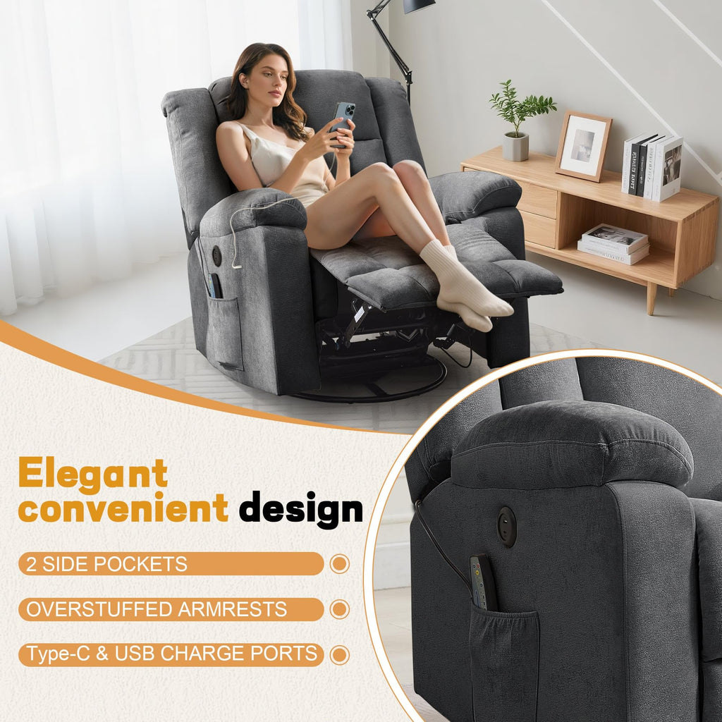 Grey Swivel Rocker Recliner with Massage and Heating F7237