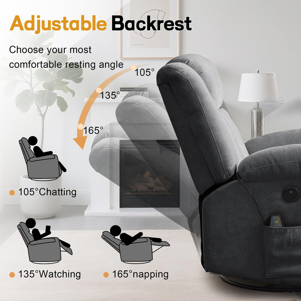 Grey Swivel Rocker Recliner with Massage and Heating F7237