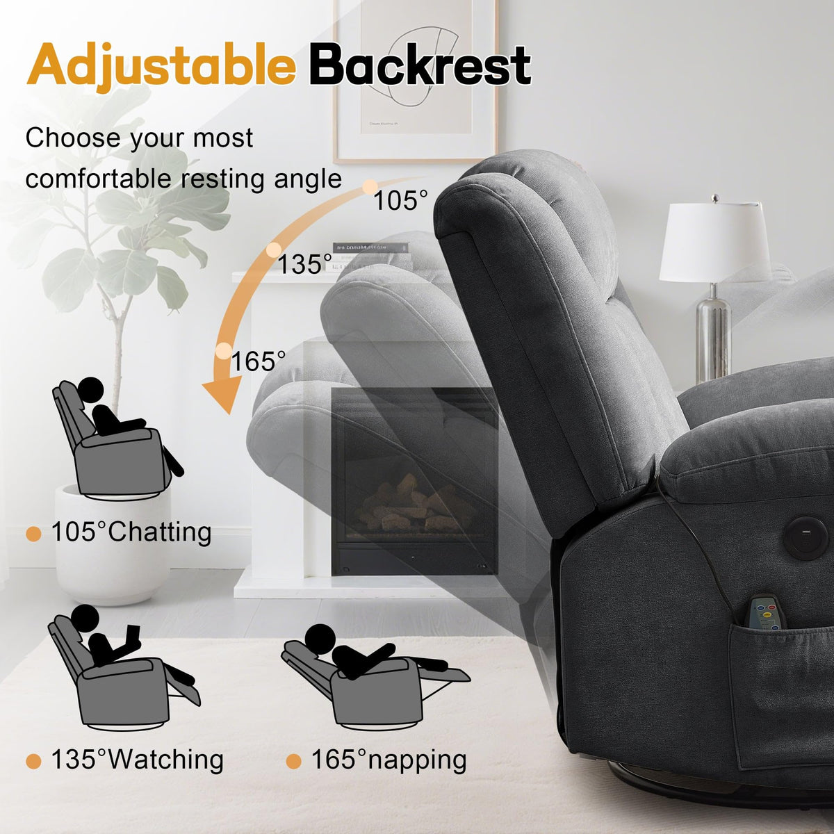 Grey Swivel Rocker Recliner with Massage and Heating F7237