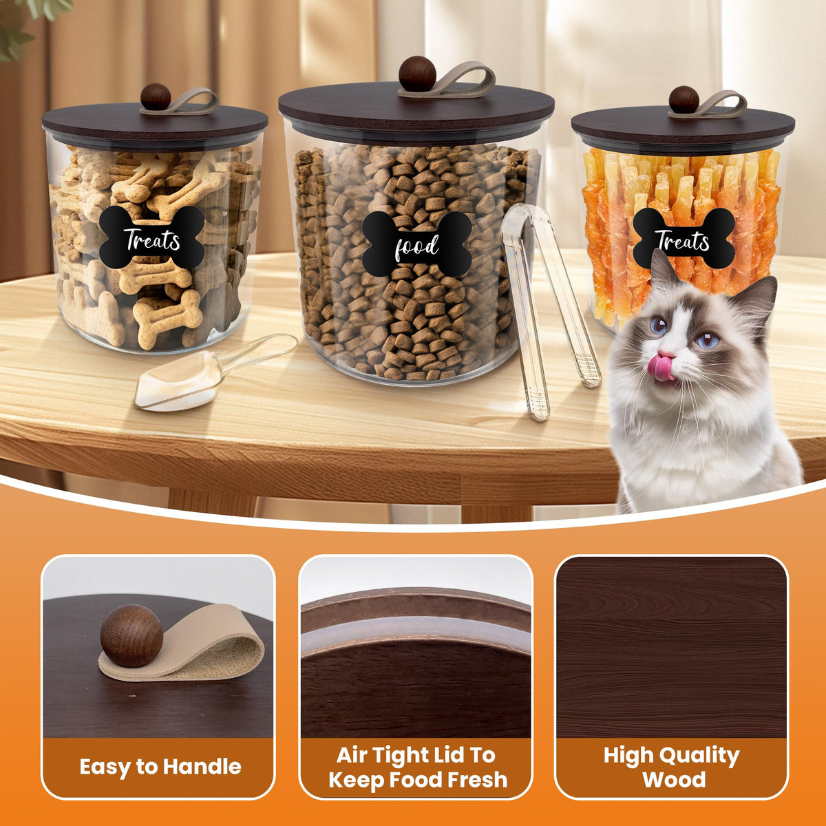 3 Pack Airtight Dog Treat Containers with Bamboo Lids P1239