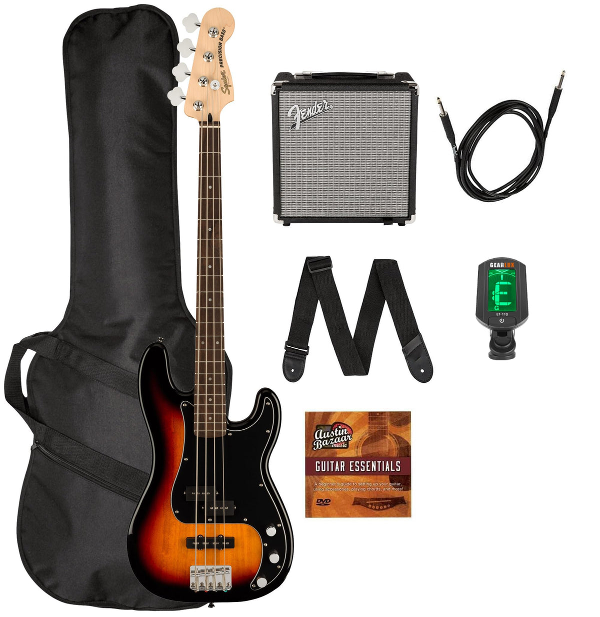 3-Color Sunburst Precision Bass with Amplifier, Cable, Gig Bag, Tuner, Strap I9454