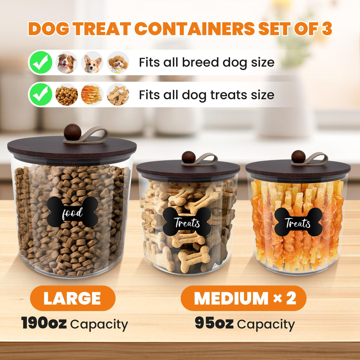 3 Pack Airtight Dog Treat Containers with Bamboo Lids P1239
