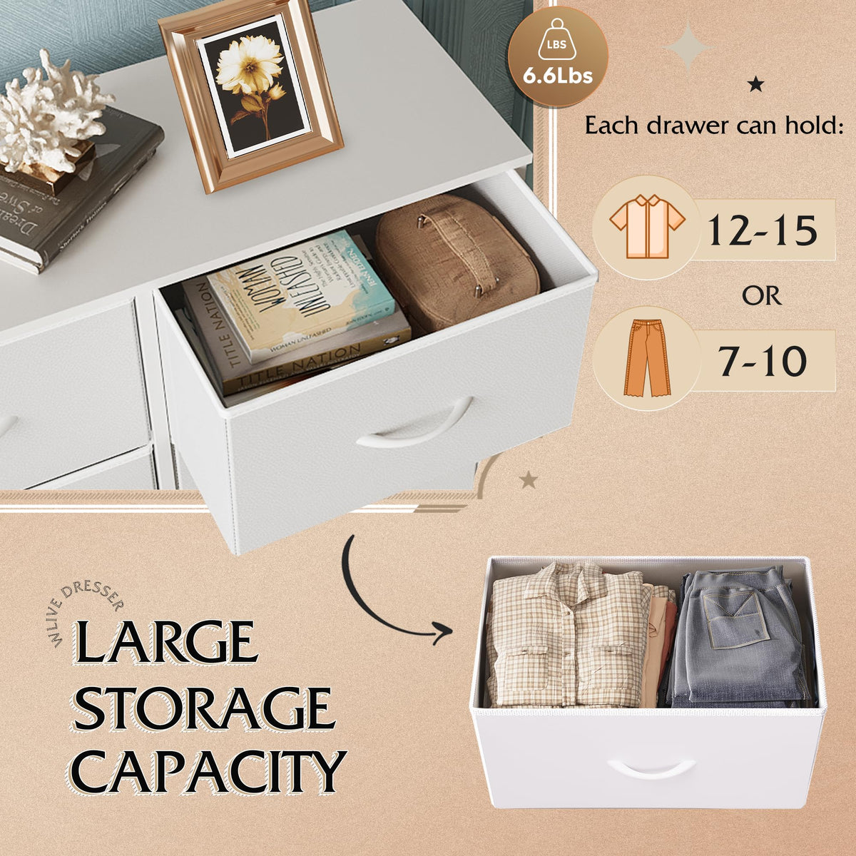 White 8 Drawer Fabric Dresser E9468